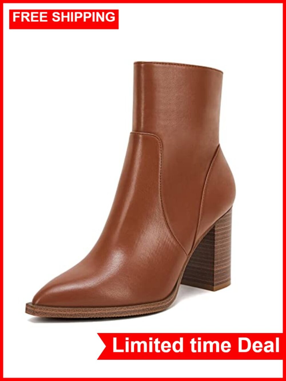 Pointed Toe Ankle Boots Chunky Stacked Heel Side Zipper Faux Leather Booties
